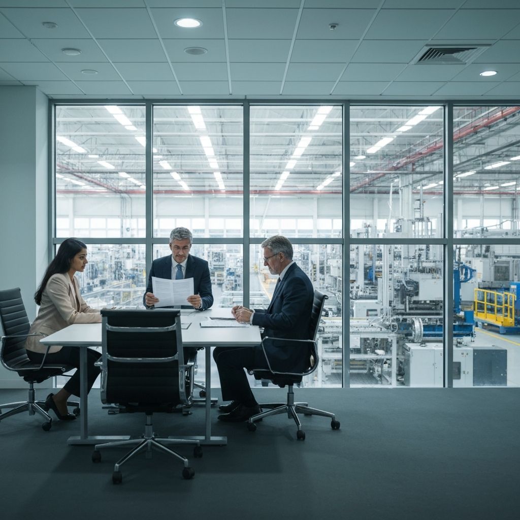 Planta manufacturera con sistemas de control ambiental avanzados, CEOs revisando reportes ESG en sala de conferencias con vista a fábrica