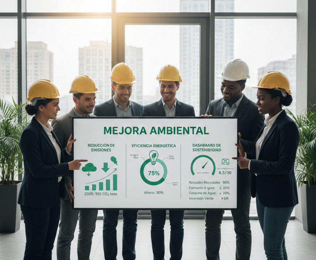 Gráfico de mejora ambiental con equipo de trabajo, reducción de emisiones, eficiencia energética y dashboard de sostenibilidad