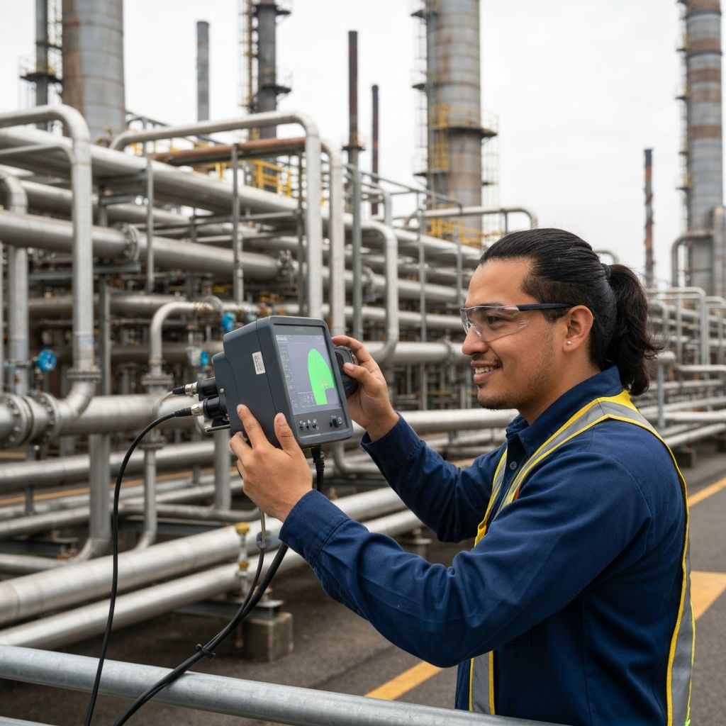 Ingeniero ambiental con detectores de emisiones analizando tuberías de fábrica, medidores y equipos de monitoreo