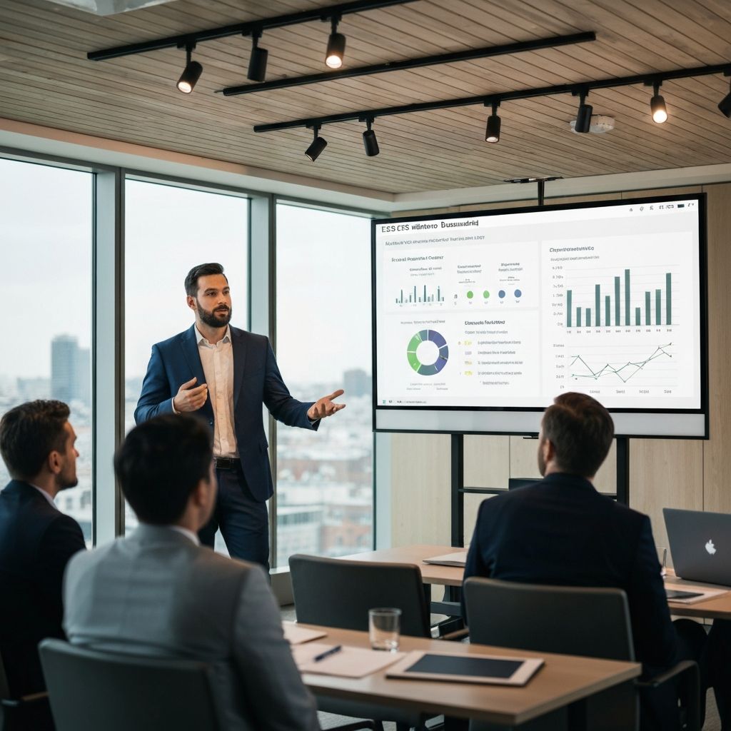 Analista de sostenibilidad presentando dashboard ESG con métricas de carbono, diversidad e impacto social a directivos en sala de conferencias