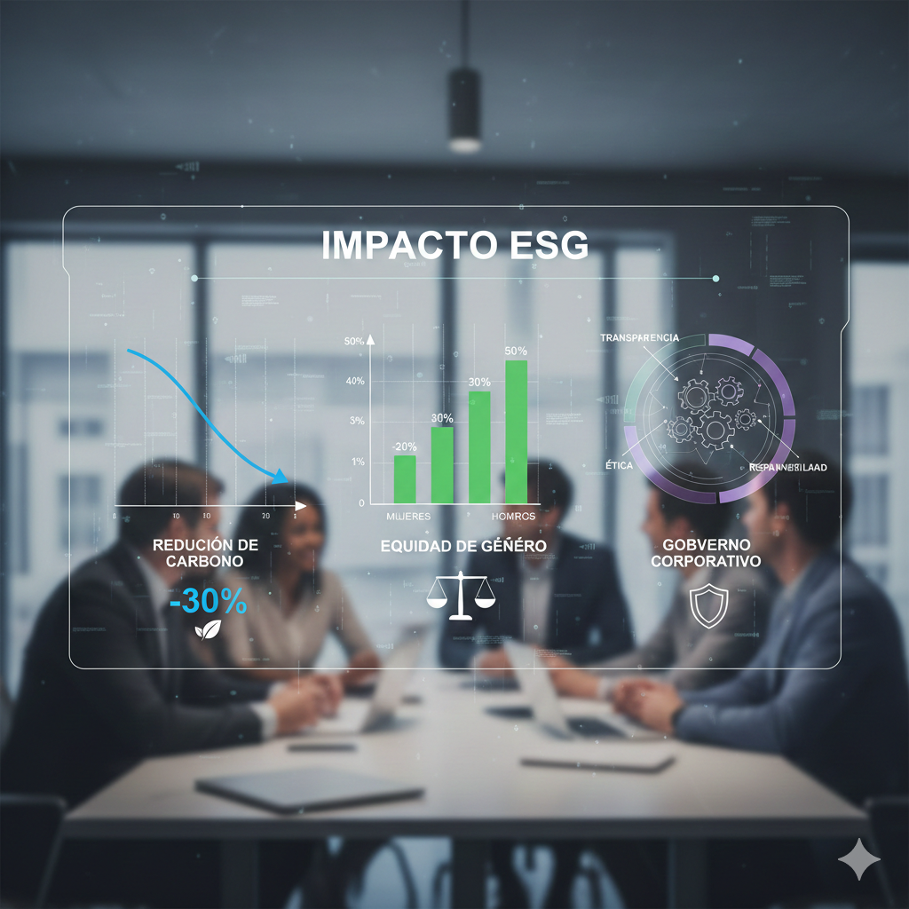 Impacto ESG: gráficos de sostenibilidad mostrando reducción de carbono, equidad de género, y gobierno corporativo en pantalla de análisis