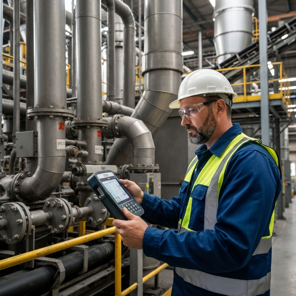 Inspector ambiental con equipos de medición en planta industrial, analizando emisiones y residuos con tablet
