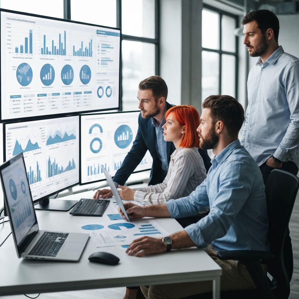 Equipo de reportería ESG analizando dashboards de sostenibilidad, gráficos de carbono y indicadores ambientales en oficina moderna